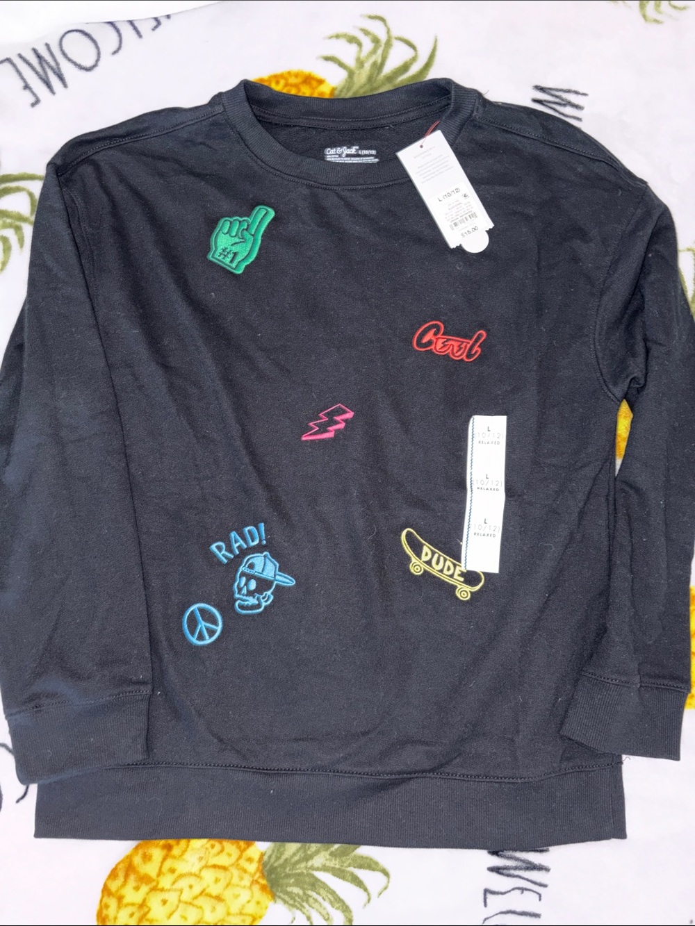 Black Graphic Patch Sweatshirt with Colorful Patches large 10/12